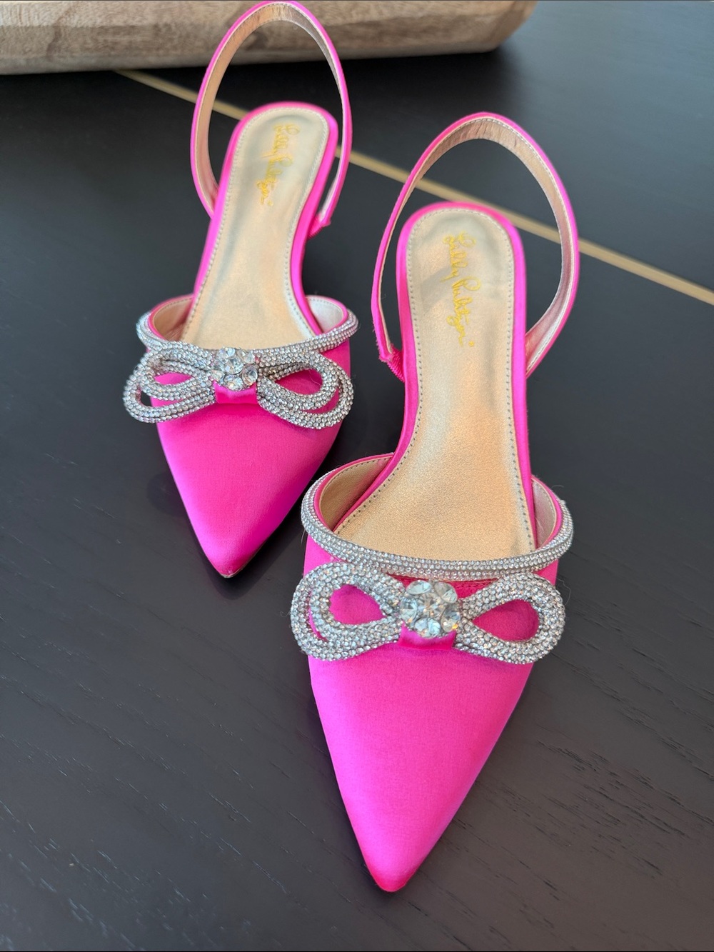 Lilly Pulitzer Hot Pink Satin Slingback Pointed-Toe Flats with Crystal Bow